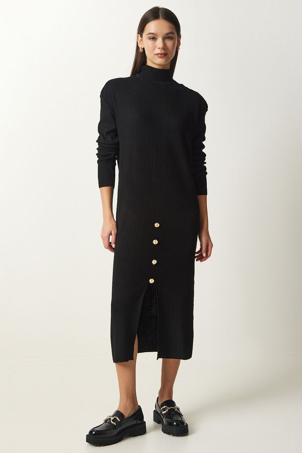 Happiness İstanbul Happiness İstanbul Women's Black Button Detailed Corduroy Knitwear Dress