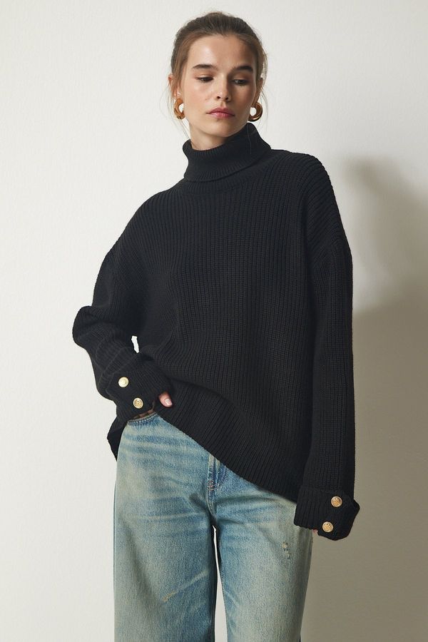 Happiness İstanbul Happiness İstanbul Women's Black Button Detailed Turtleneck Oversize Knitwear Sweater