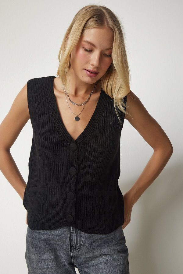 Happiness İstanbul Happiness İstanbul Women's Black Buttoned Knitwear Vest