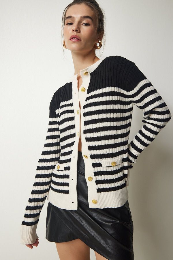 Happiness İstanbul Happiness İstanbul Women's Black Cream Metal Button Detailed Striped Knitwear Cardigan