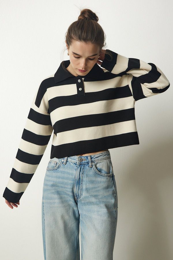 Happiness İstanbul Happiness İstanbul Women's Black Cream Stylish Buttoned Collar Striped Crop Knitwear Sweater