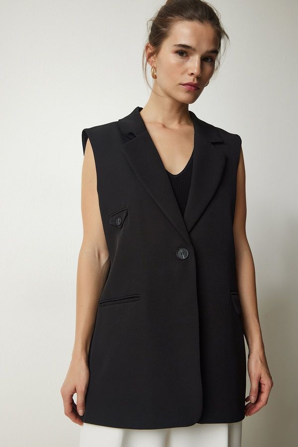 Happiness İstanbul Happiness İstanbul Women's Black Double Breasted Collar Pocket Woven Vest
