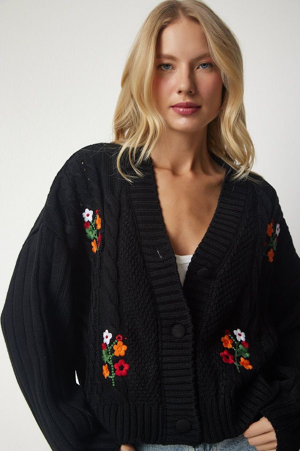 Happiness İstanbul Happiness İstanbul Women's Black Embroidered Knit Patterned Knitwear Cardigan