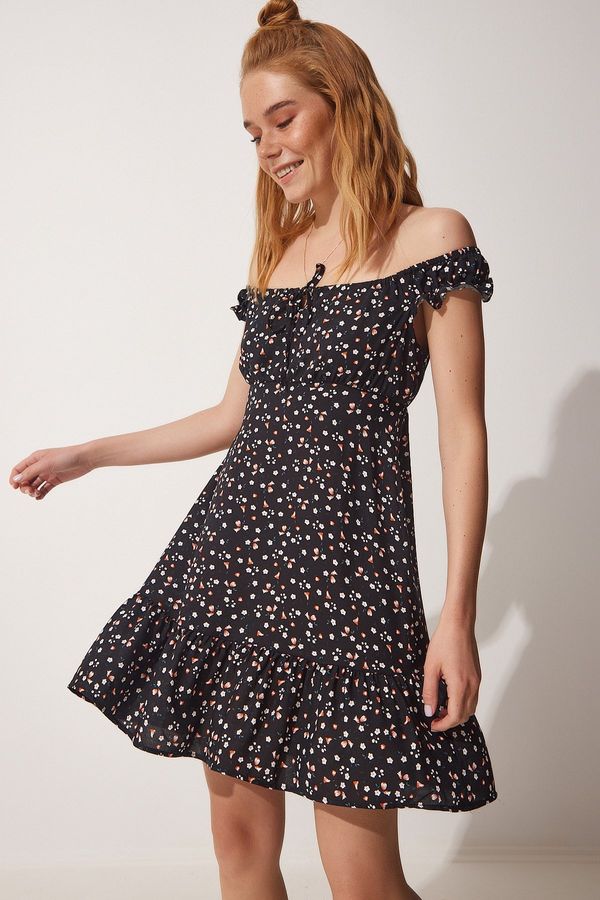 Happiness İstanbul Happiness İstanbul Women's Black Floral Summer Gathered Viscose Dress