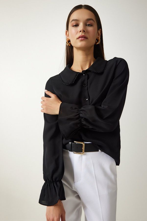 Happiness İstanbul Happiness İstanbul Women's Black Gathered Sleeve Detailed Woven Shirt