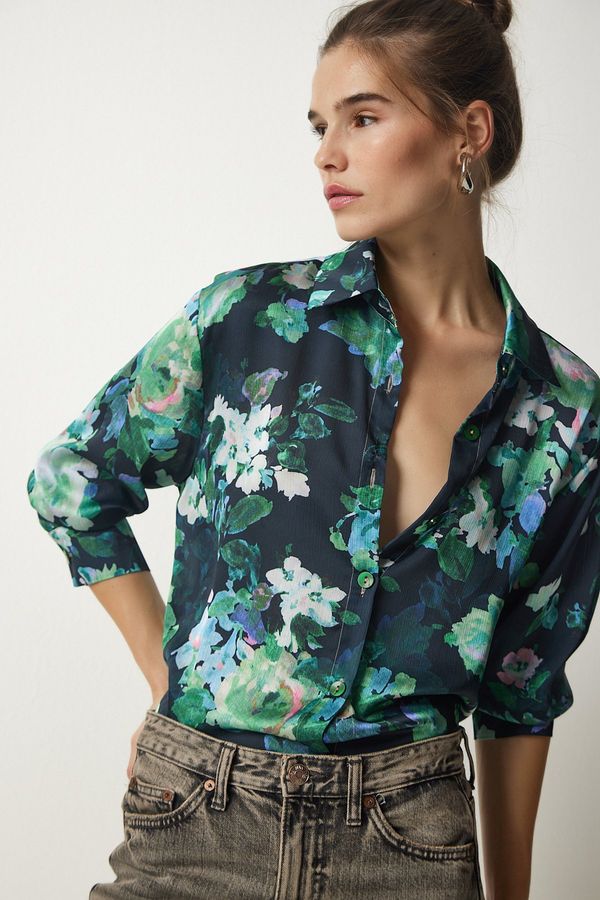 Happiness İstanbul Happiness İstanbul Women's Black Green Patterned Flowy Shirt