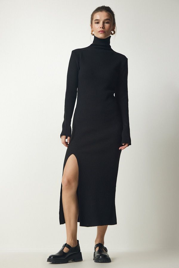 Happiness İstanbul Happiness İstanbul Women's Black High Neck Slit Knitwear Dress