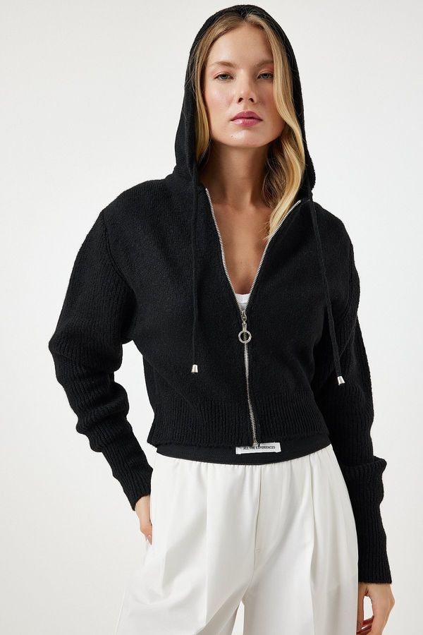 Happiness İstanbul Happiness İstanbul Women's Black Hooded Zipper Knitwear Cardigan