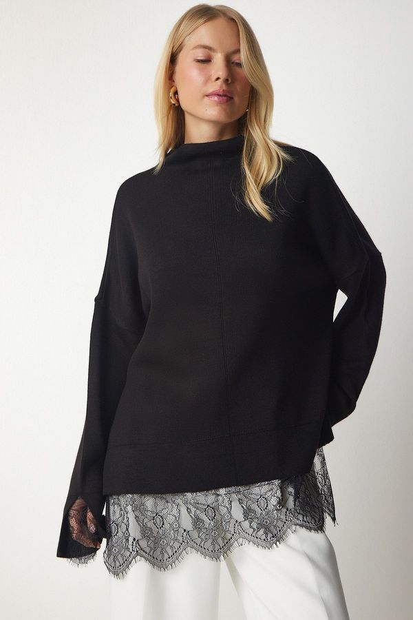 Happiness İstanbul Happiness İstanbul Women's Black Lace Detail Knitwear Sweater