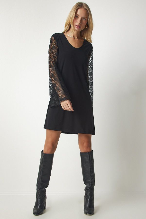 Happiness İstanbul Happiness İstanbul Women's Black Lace Spanish Sleeve Sandy Dress