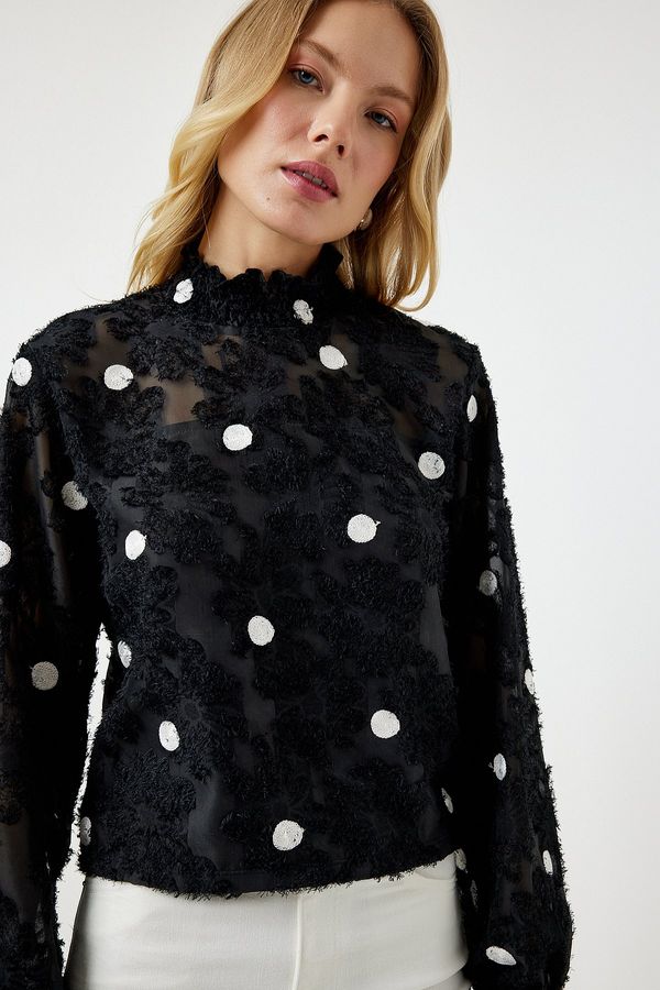 Happiness İstanbul Happiness İstanbul Women's Black Marked Polka Dot Woven Blouse