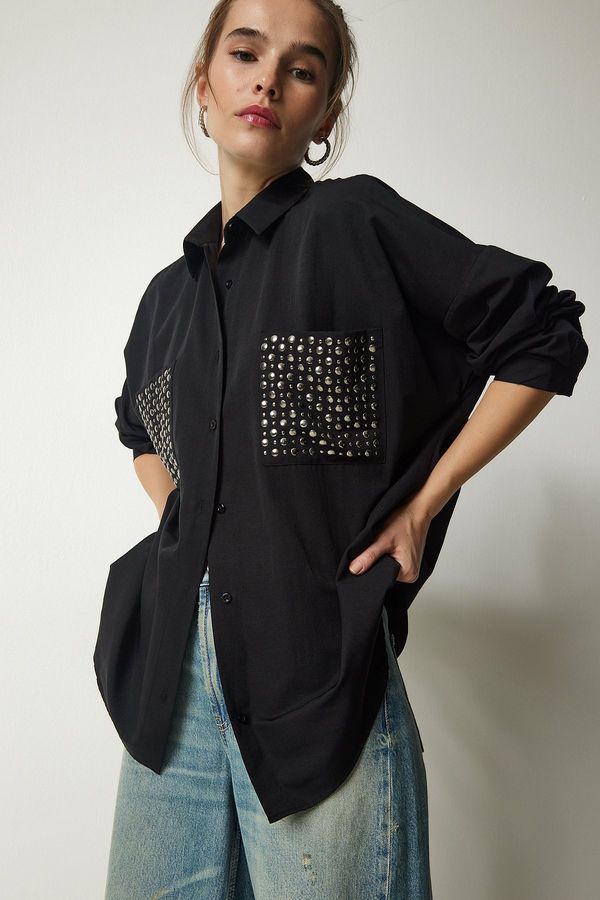 Happiness İstanbul Happiness İstanbul Women's Black Metal Pocket Detailed Oversize Woven Shirt