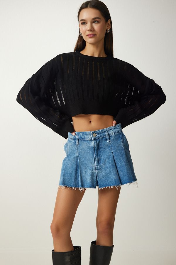 Happiness İstanbul Happiness İstanbul Women's Black Openwork Crop Knitwear Sweater