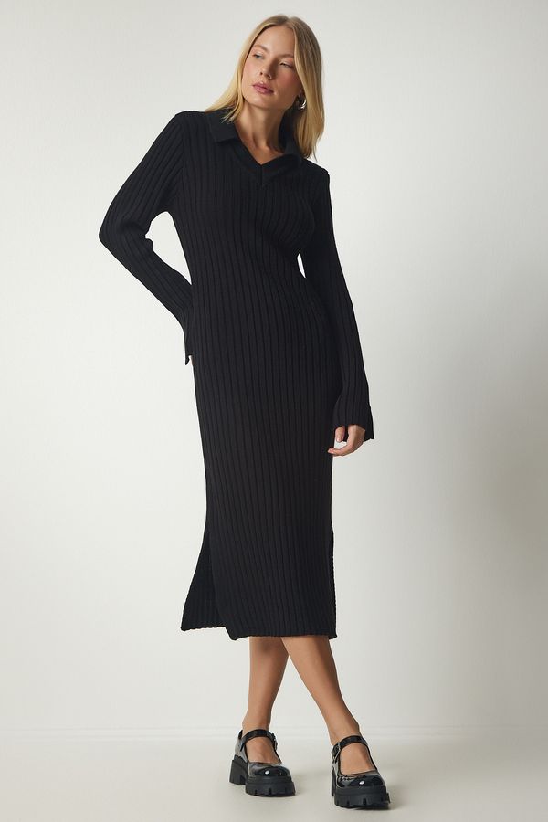 Happiness İstanbul Happiness İstanbul Women's Black Polo Neck Ribbed Knitwear Dress