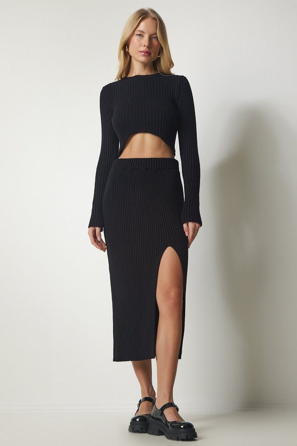 Happiness İstanbul Happiness İstanbul Women's Black Ribbed Crop Skirt Knitwear Suit