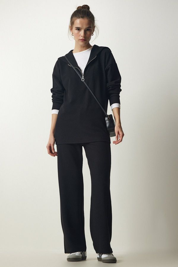 Happiness İstanbul Happiness İstanbul Women's Black Ribbed Knitted Blouse Pants Suit