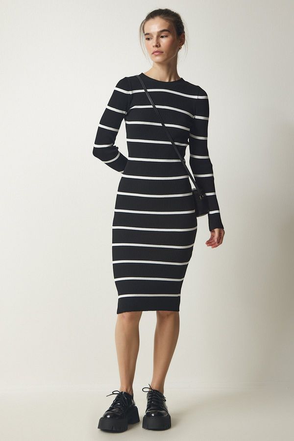 Happiness İstanbul Happiness İstanbul Women's Black Ribbed Striped Wraparound Knitwear Dress