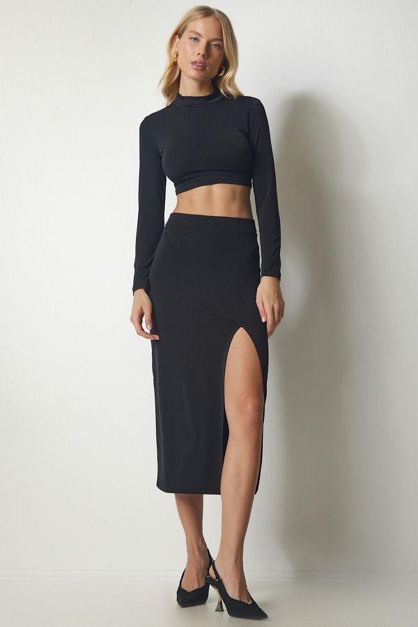 Happiness İstanbul Happiness İstanbul Women's Black Sandy Stand-Up Collar Crop Skirt Suit