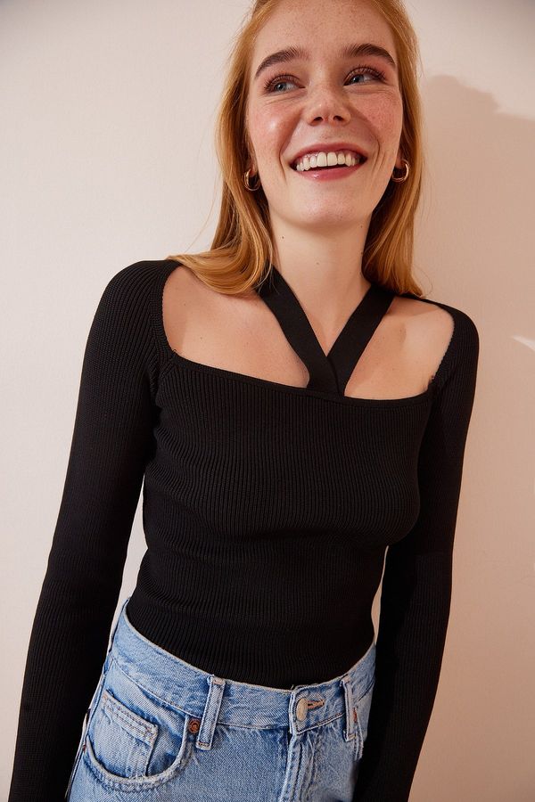 Happiness İstanbul Happiness İstanbul Women's Black Square Collar Band Detailed Knitted Blouse