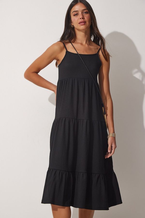 Happiness İstanbul Happiness İstanbul Women's Black Strapless Ruffle Summer Knitted Dress