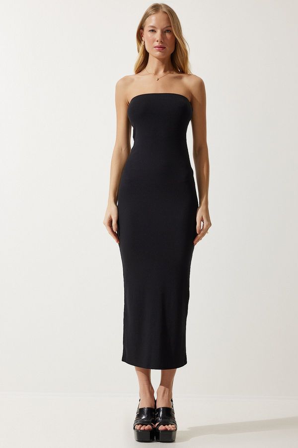 Happiness İstanbul Happiness İstanbul Women's Black Strapless Slit Wrap Knitted Dress