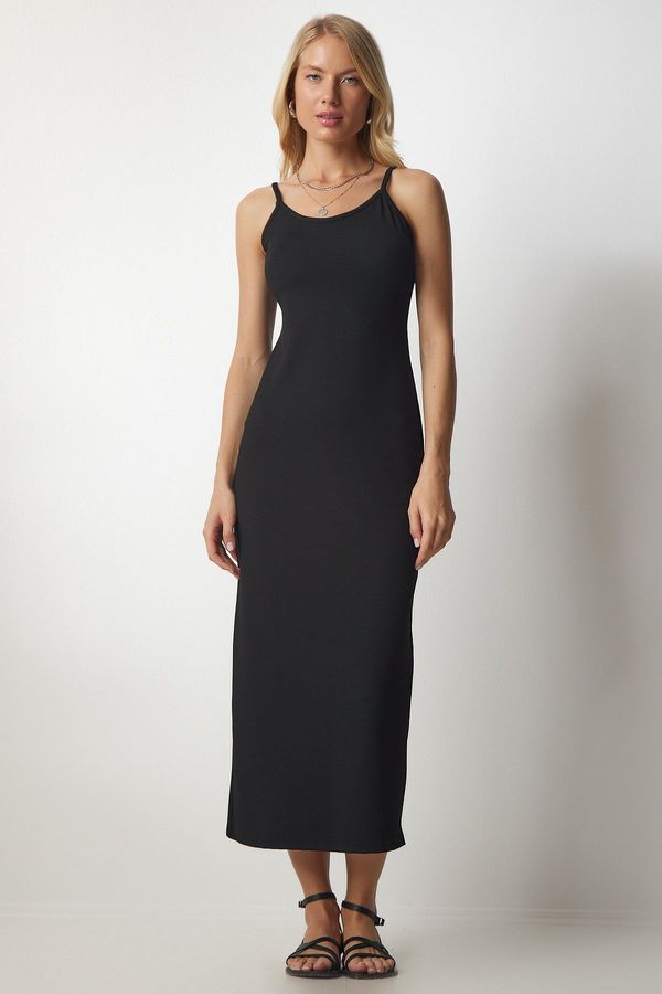Happiness İstanbul Happiness İstanbul Women's Black Strappy Ribbed Pencil Dress