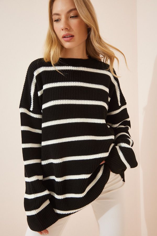 Happiness İstanbul Happiness İstanbul Women's Black Striped Long Oversized Knitwear Sweater
