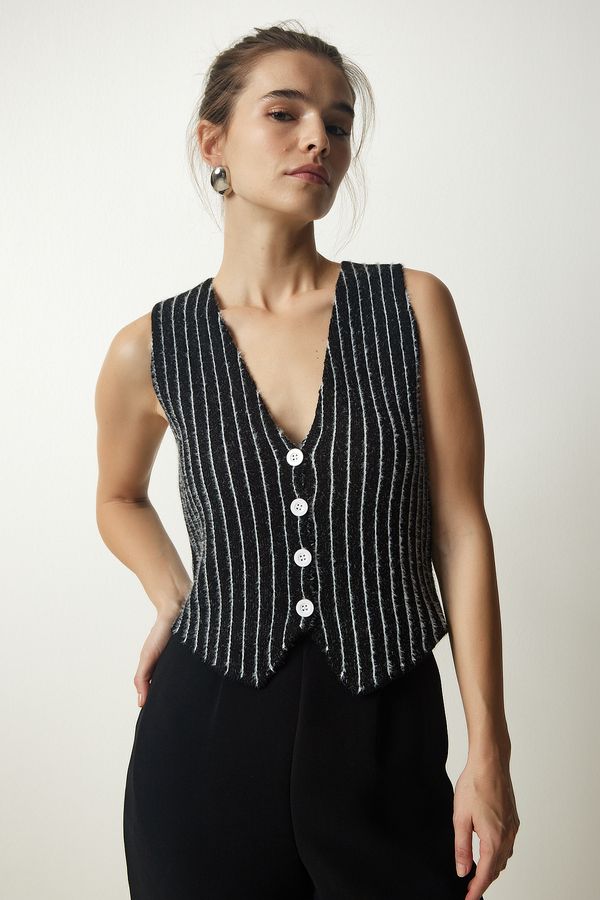 Happiness İstanbul Happiness İstanbul Women's Black Striped Raised Knitwear Vest