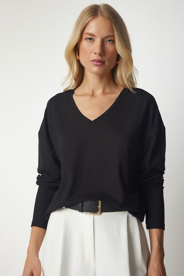 Happiness İstanbul Happiness İstanbul Women's Black V-Neck Knitwear Blouse