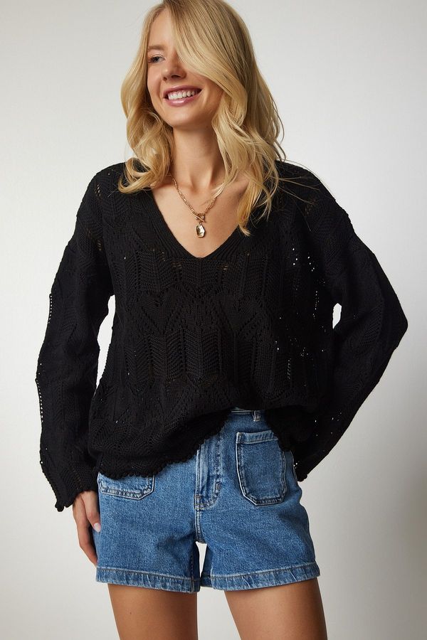 Happiness İstanbul Happiness İstanbul Women's Black V-Neck Openwork Knitwear Sweater