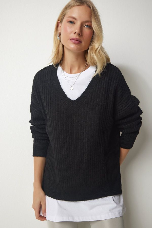 Happiness İstanbul Happiness İstanbul Women's Black V-Neck Textured Knitwear Sweater