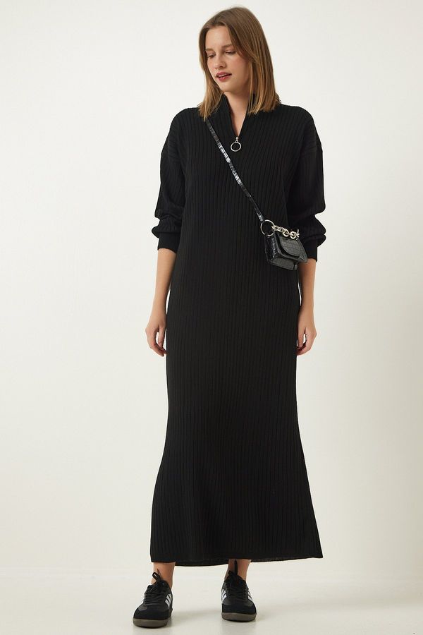 Happiness İstanbul Happiness İstanbul Women's Black Zipper Collar Ribbed Long Knitwear Dress