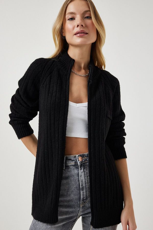 Happiness İstanbul Happiness İstanbul Women's Black Zippered Knitwear Cardigan
