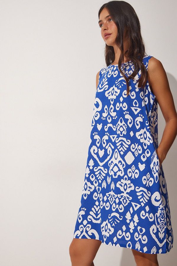 Happiness İstanbul Happiness İstanbul Women's Blue and White Patterned Woven Dress