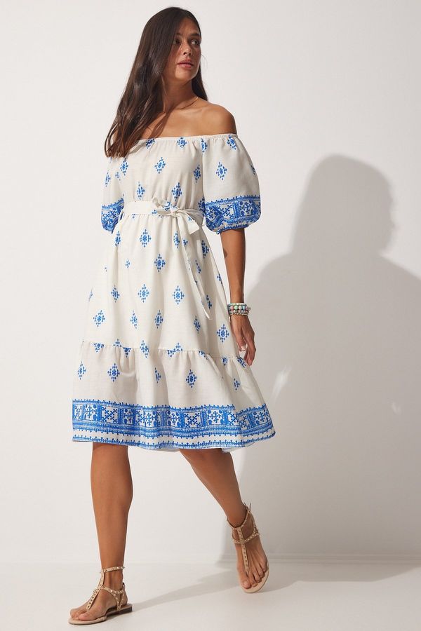 Happiness İstanbul Happiness İstanbul Women's Blue Cream Patterned Carmen Collar Summer Linen Dress