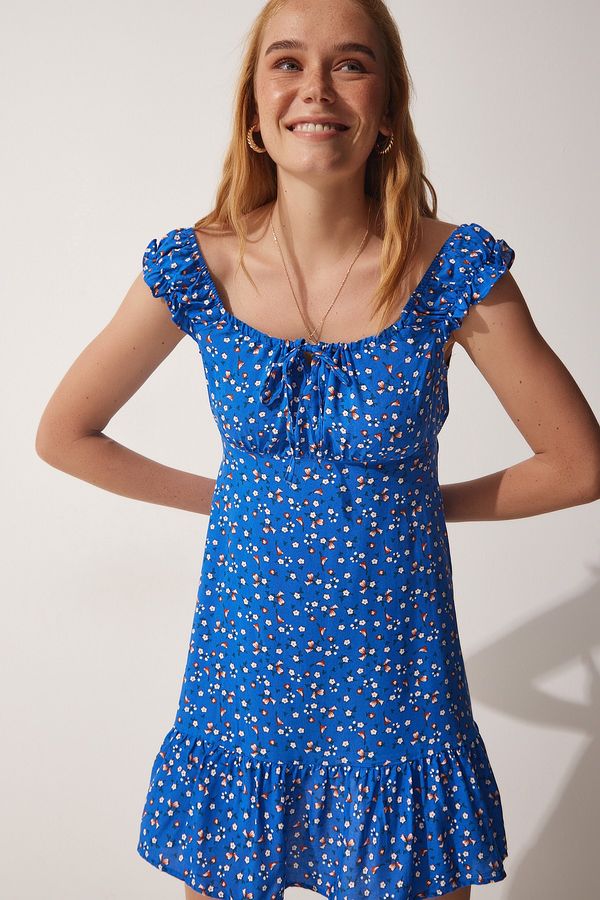 Happiness İstanbul Happiness İstanbul Women's Blue Floral Summer Gathered Viscose Dress