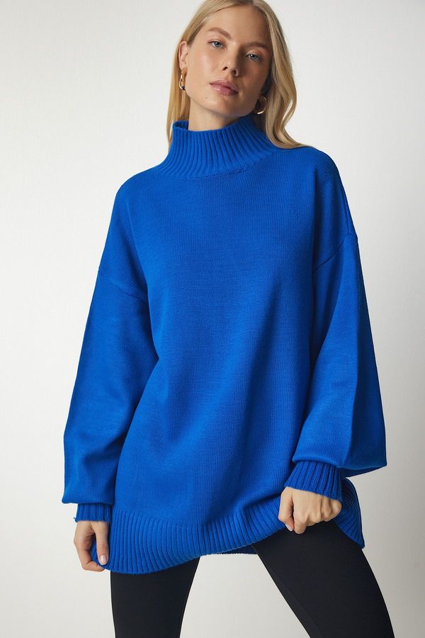 Happiness İstanbul Happiness İstanbul Women's Blue High Neck Oversize Basic Knitwear Sweater