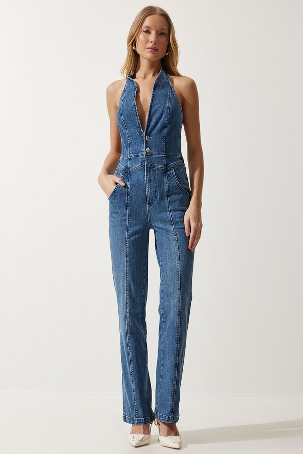Happiness İstanbul Happiness İstanbul Women's Blue Snap Neck Denim Jumpsuit