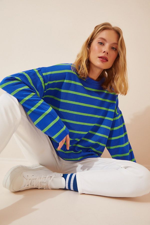 Happiness İstanbul Happiness İstanbul Women's Blue Striped Oversize Knitwear Sweater
