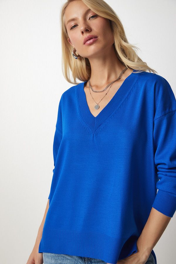Happiness İstanbul Happiness İstanbul Women's Blue V-Neck Oversize Knitwear Sweater