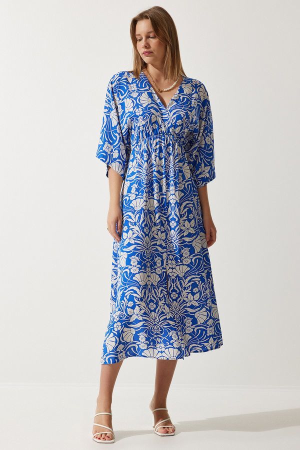Happiness İstanbul Happiness İstanbul Women's Blue White Wrapover Neck Patterned Summer Viscose Dress