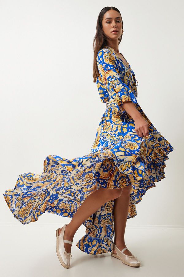 Happiness İstanbul Happiness İstanbul Women's Blue Yellow Patterned Asymmetrical Summer Long Viscose Dress