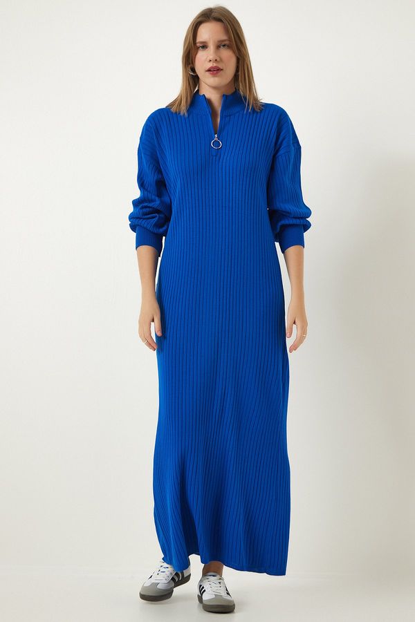 Happiness İstanbul Happiness İstanbul Women's Blue Zipper Collar Ribbed Long Knitwear Dress