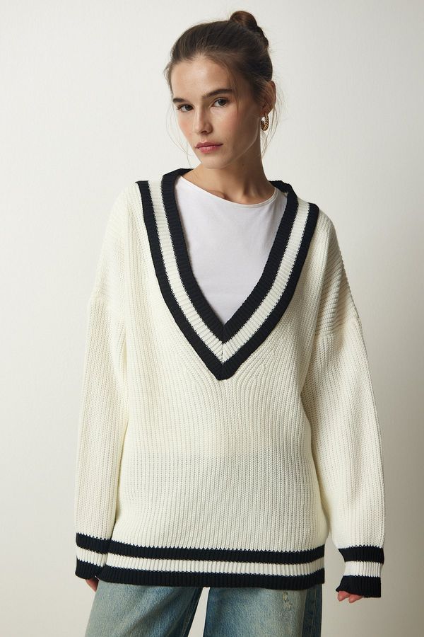 Happiness İstanbul Happiness İstanbul Women's Bone V Neck Ribbon Detailed Oversize Knitwear Sweater