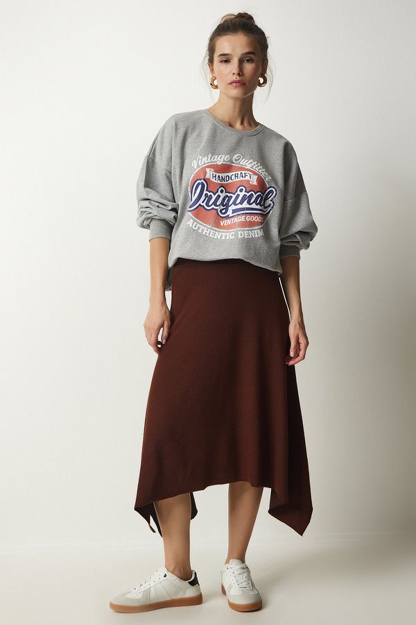 Happiness İstanbul Happiness İstanbul Women's Brown Asymmetrical Cut Corduroy Knitted Skirt
