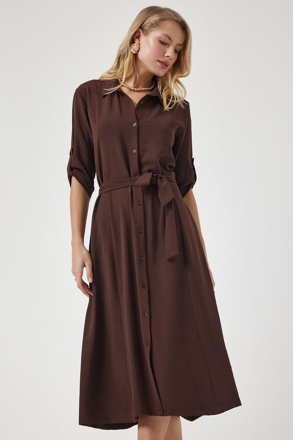 Happiness İstanbul Happiness İstanbul Women's Brown Belted Shirt Dress