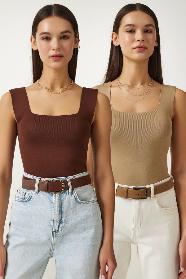 Happiness İstanbul Happiness İstanbul Women's Brown Biscuit Square Neck Thick Strappy 2 Pack Knitwear Blouse