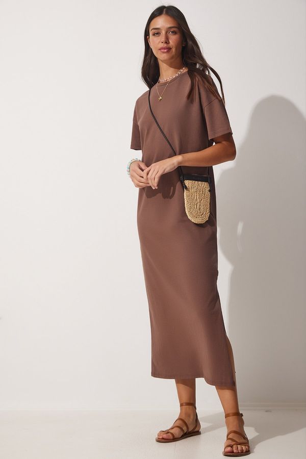 Happiness İstanbul Happiness İstanbul Women's Brown Cotton Summer Daily Combed Cotton Dress
