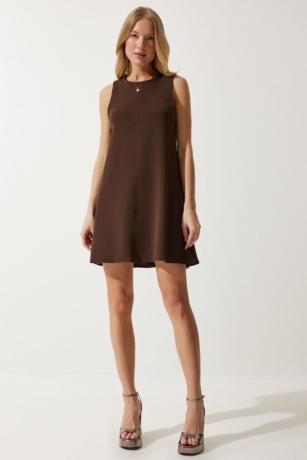 Happiness İstanbul Happiness İstanbul Women's Brown Crew Neck Summer Woven Bell Dress