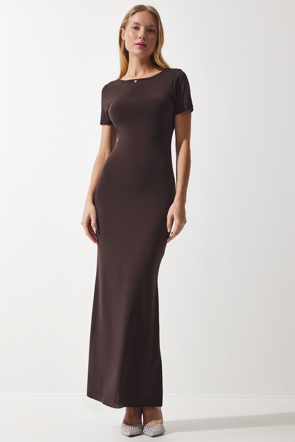 Happiness İstanbul Happiness İstanbul Women's Brown Decollete Long Sandy Knitted Dress